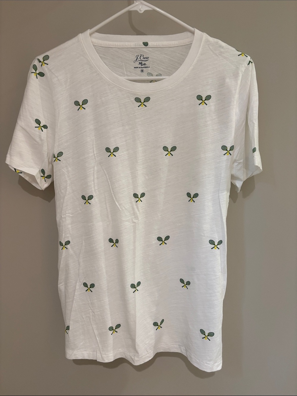 J. Crew NWT White Short-Sleeve Tee with Green & Yellow Tennis Rackets; M